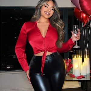 SHEIN Red Satin Tie-Front Blouse